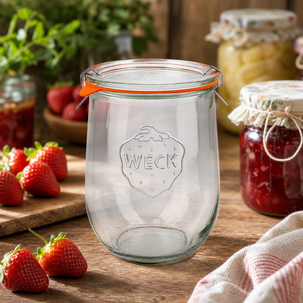 Frasco tulipa de 1062ml completo WECK RR100 Frasco de tulipa WECK 1062ml RR100 vazio com morangos e compotas caseiras em cima de uma mesa de madeira rústica na cozinha