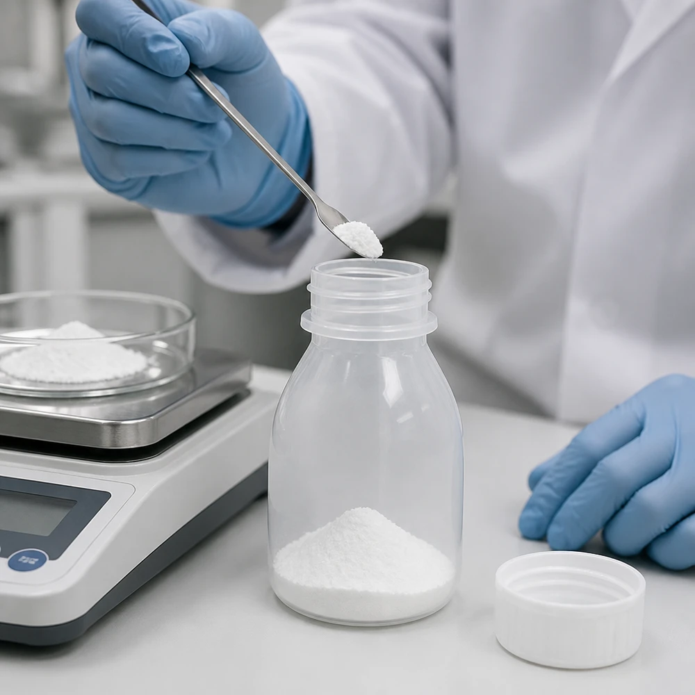 O técnico de laboratório coloca o pó branco com uma espátula num frasco de gargalo estreito com tampa de rosca de 10 ml, sobre a balança de laboratório