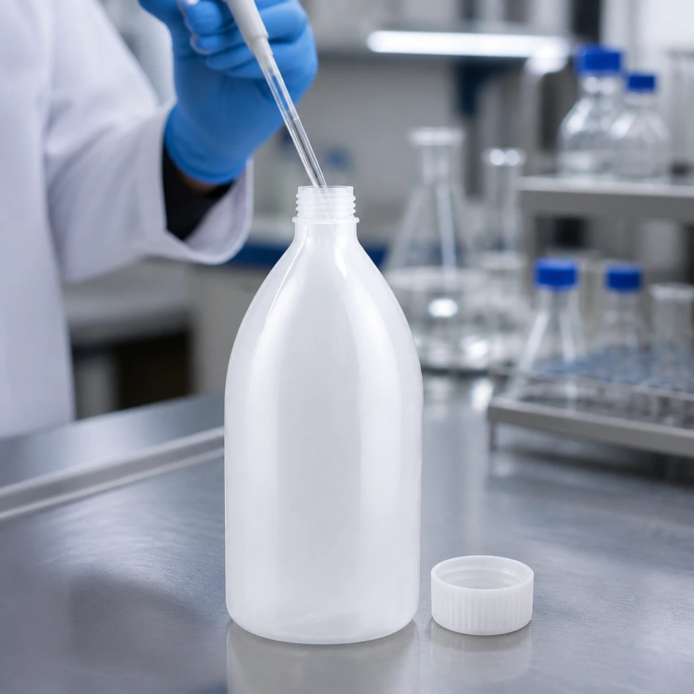 Frasco de laboratório de gargalo estreito, 1000 ml, branco opaco, sem tampa, sobre uma bancada de aço inoxidável