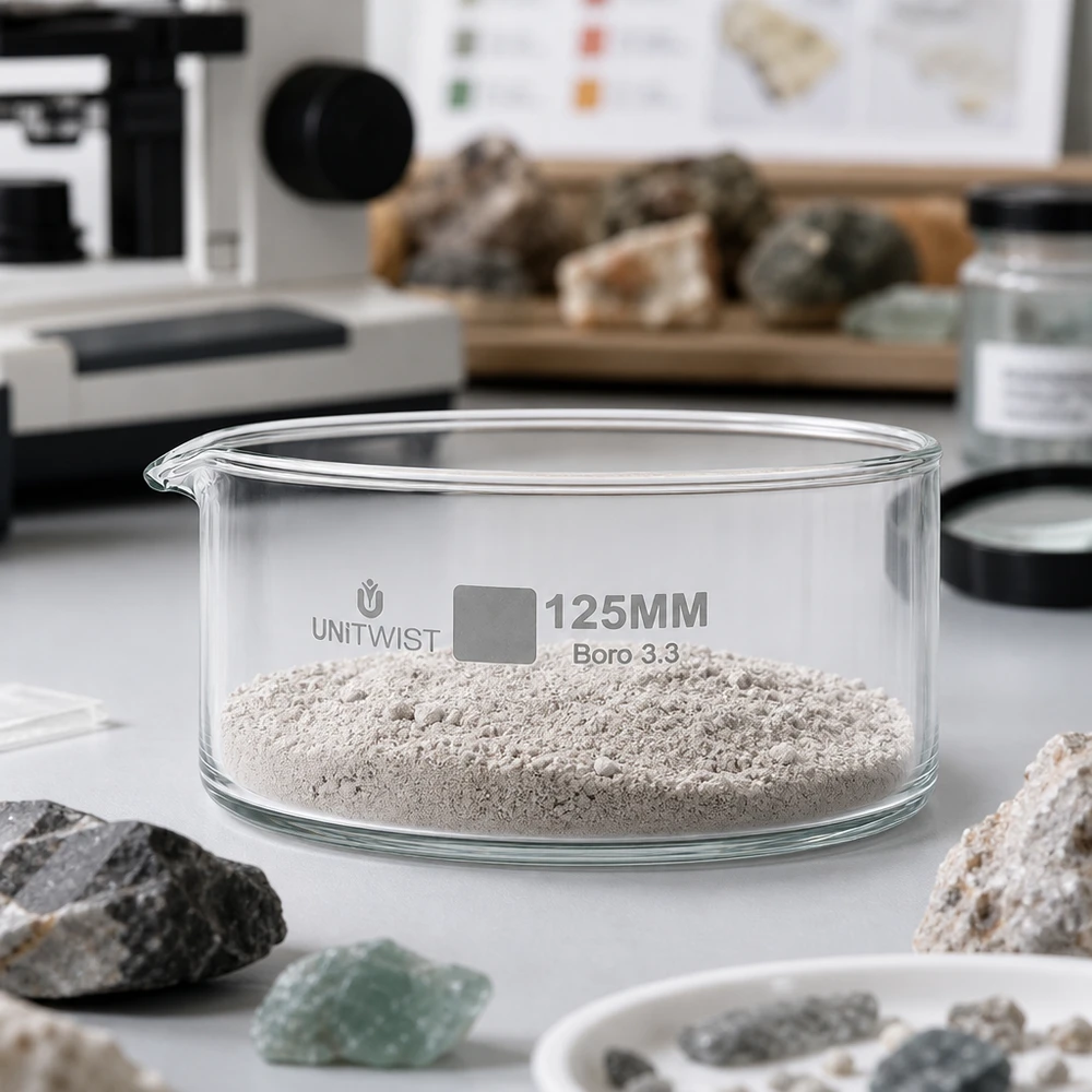 Prato de cristalização ø125mm em vidro borossilicato UNiTWIST Bandeja de cristalização de 125 mm UNiTWIST Boro 3.3 com pó de rocha moído num laboratório de mineralogia