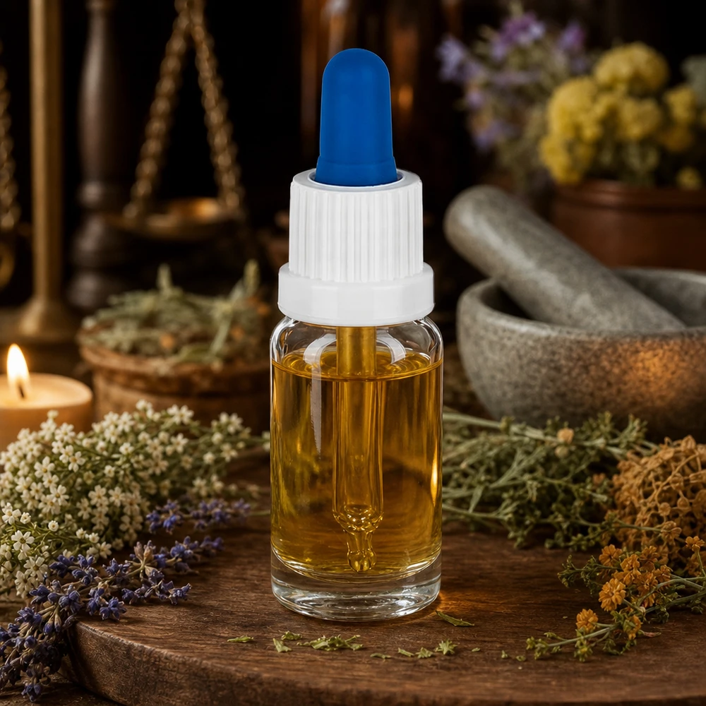 Frasco conta-gotas para aromaterapia de 10 ml com almofariz para ervas e balança em estilo de farmácia