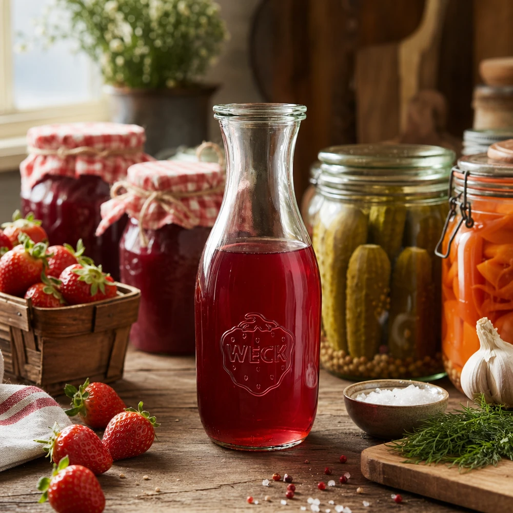 Garrafa para sumo de 1062 ml com tampa de vidro WECK RR60 Garrafa de sumo WECK de 1062 ml cheia de sumo de morango vermelho rodeada de morangos frescos e frascos de conserva na cozinha