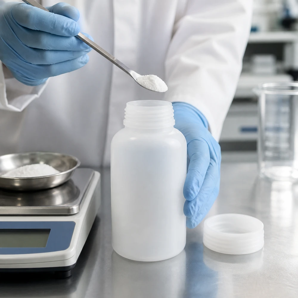 O técnico de laboratório enche um frasco de laboratório de gargalo largo com 500 ml com um pó branco, utilizando uma espátula