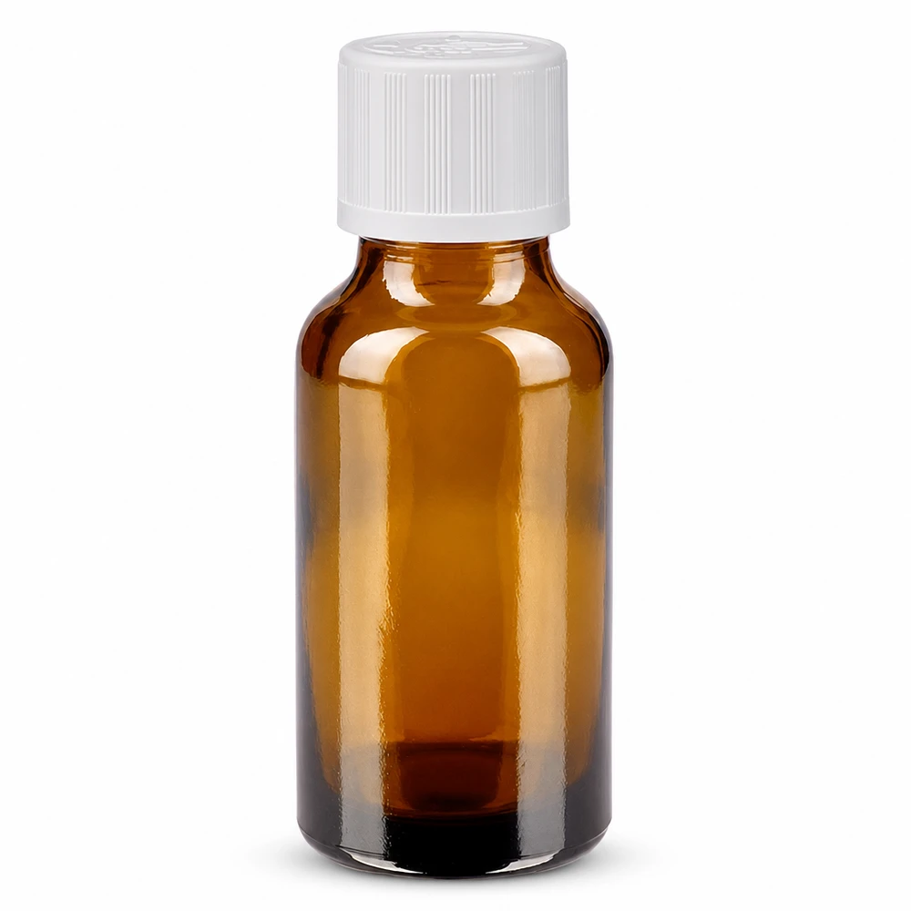 Frasco de farmácia castanho de 20 ml com tampa de segurança para crianças branca, em vidro castanho de alta qualidade