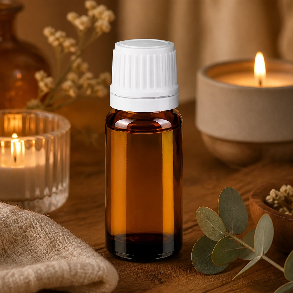 Frasco compacto de vidro castanho de 10 ml com tampa OV branca para cosméticos naturais e bem-estar