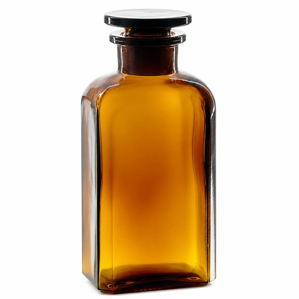 Frasco quadrado de 250 ml, castanho, com rolha de vidro e gargalo largo, para laboratório e farmácia