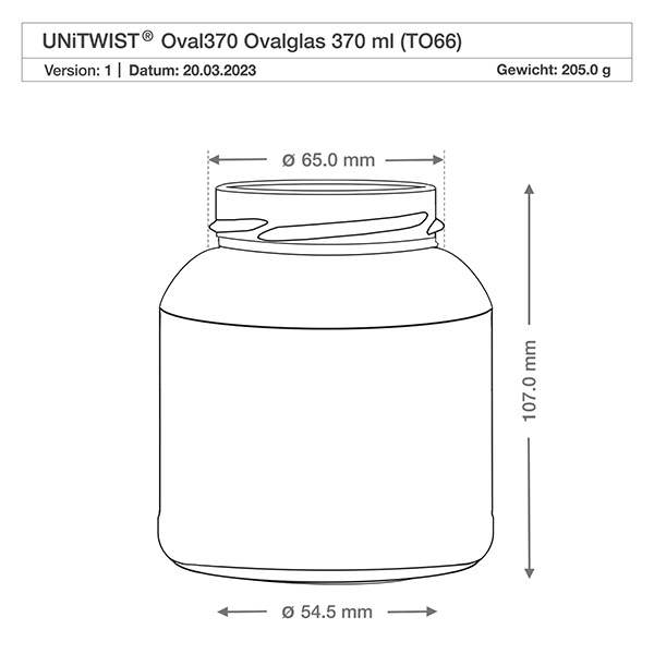 Frasco oval de 370ml sem tampa (TO66) UNiTWIST Desenho técnico UNiTWIST Oval370 Copo oval 370ml TO66 com dimensões Diâmetro 65mm Altura 107mm Peso 205g