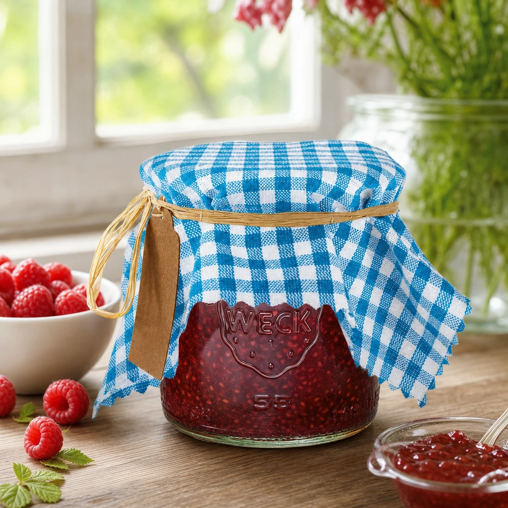 Pano de cozinha decorativo em tecido xadrez turquesa de 15 cm para compota caseira com framboesas num desenho decorativo