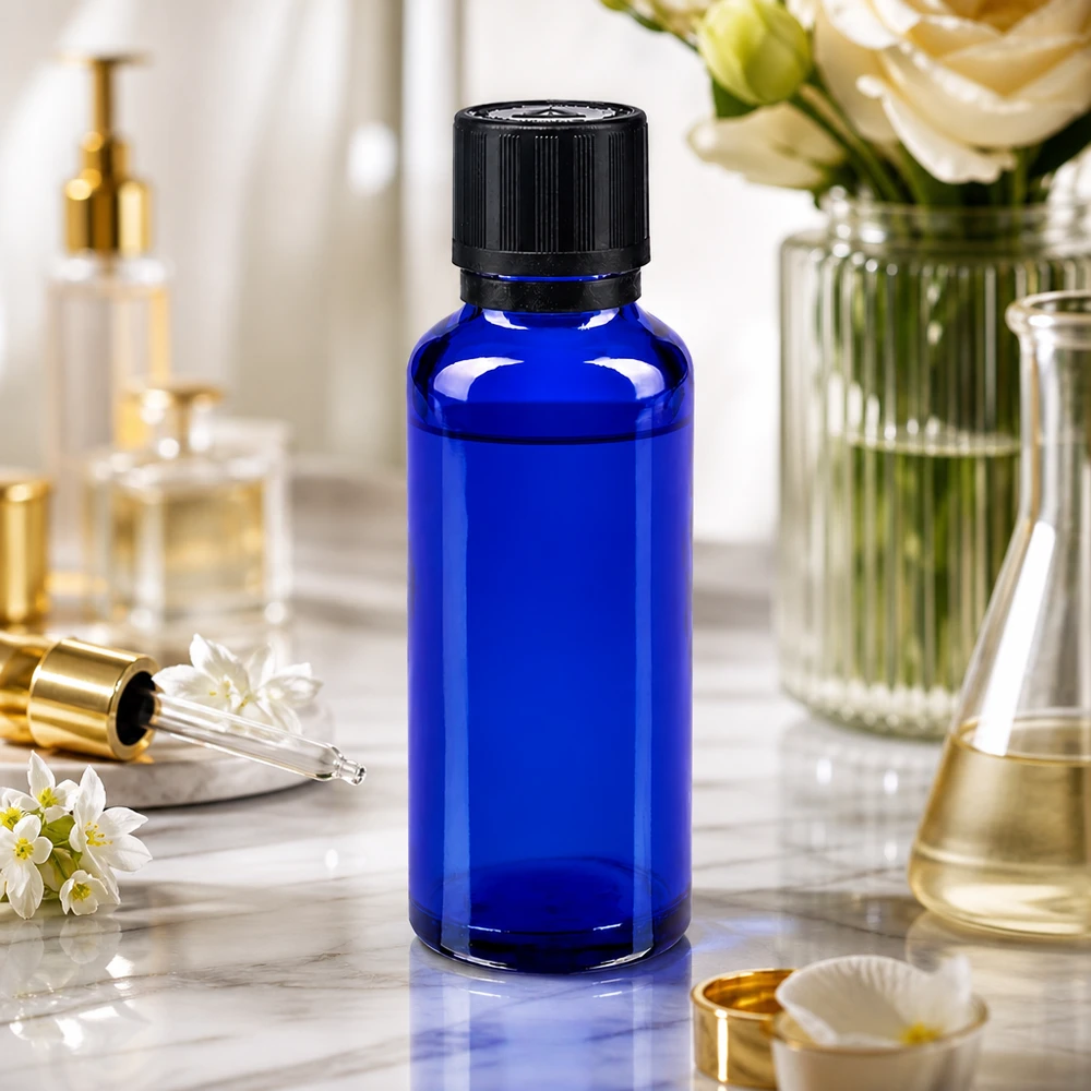 Frasco de farmácia azul cobalto de 30 ml com tampa KiSi sobre fundo de mármore, rodeado por frascos de cosméticos