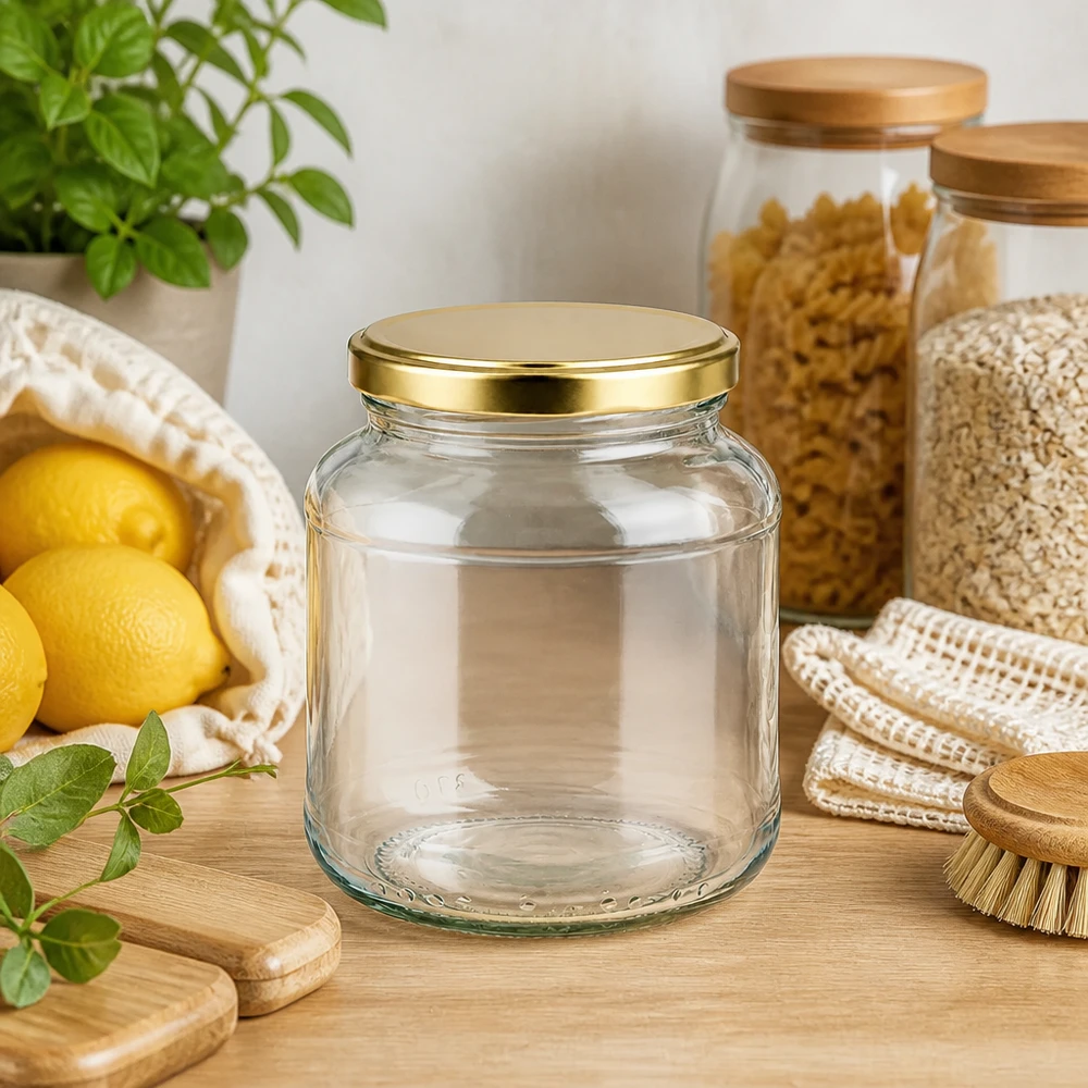 Frasco oval de 370 ml vazio com tampa BasicSeal dourada UNiTWIST num ambiente de cozinha natural com limões e ervas aromáticas