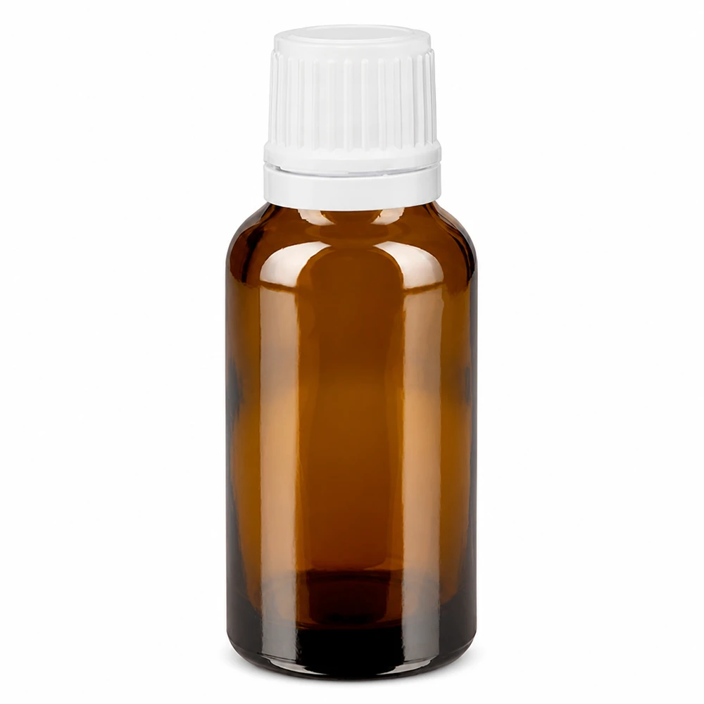 Frasco de farmácia castanho 20ml tampa conta-gotas 1.2mm tampa inviolável branca Frasco de farmácia castanho de 20 ml, em vidro castanho, com tampa de segurança para crianças branca e conta-gotas