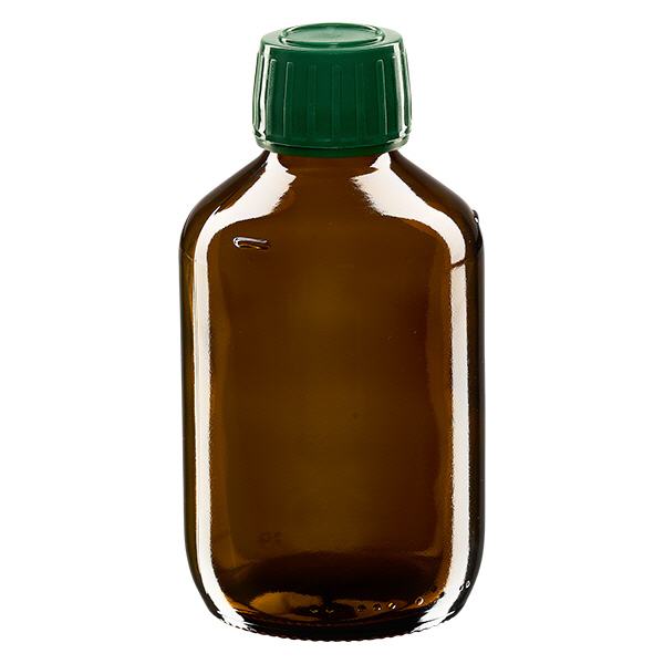Frasco de medicamento de 200ml castanho, tampa verde com anel inviolável ApoGlas Frasco de medicamento de 200ml castanho, tampa verde com anel inviolável ApoGlas