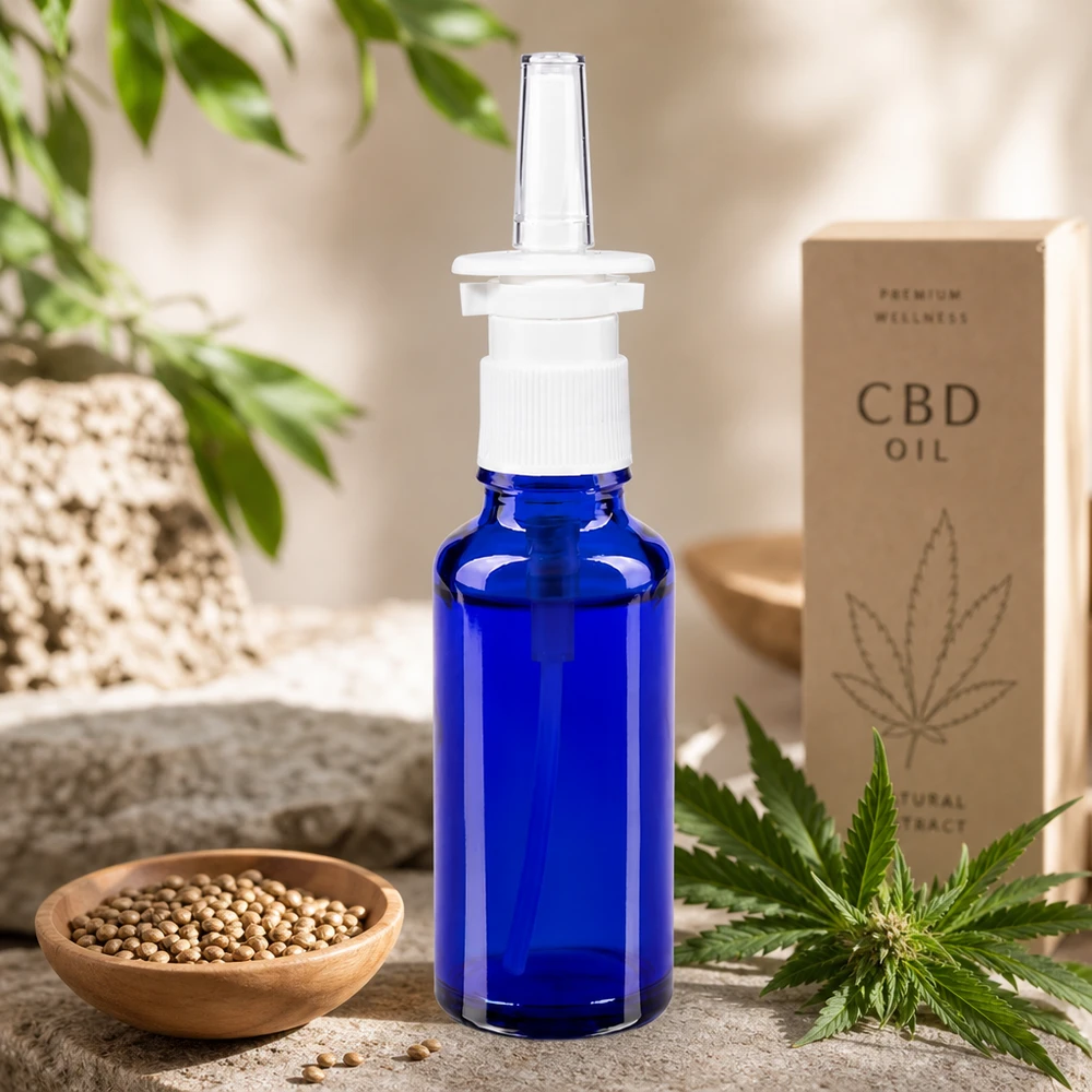 Frasco de spray nasal ApoGlas de 30 ml em azul cobalto, com óleo de CBD e decoração natural