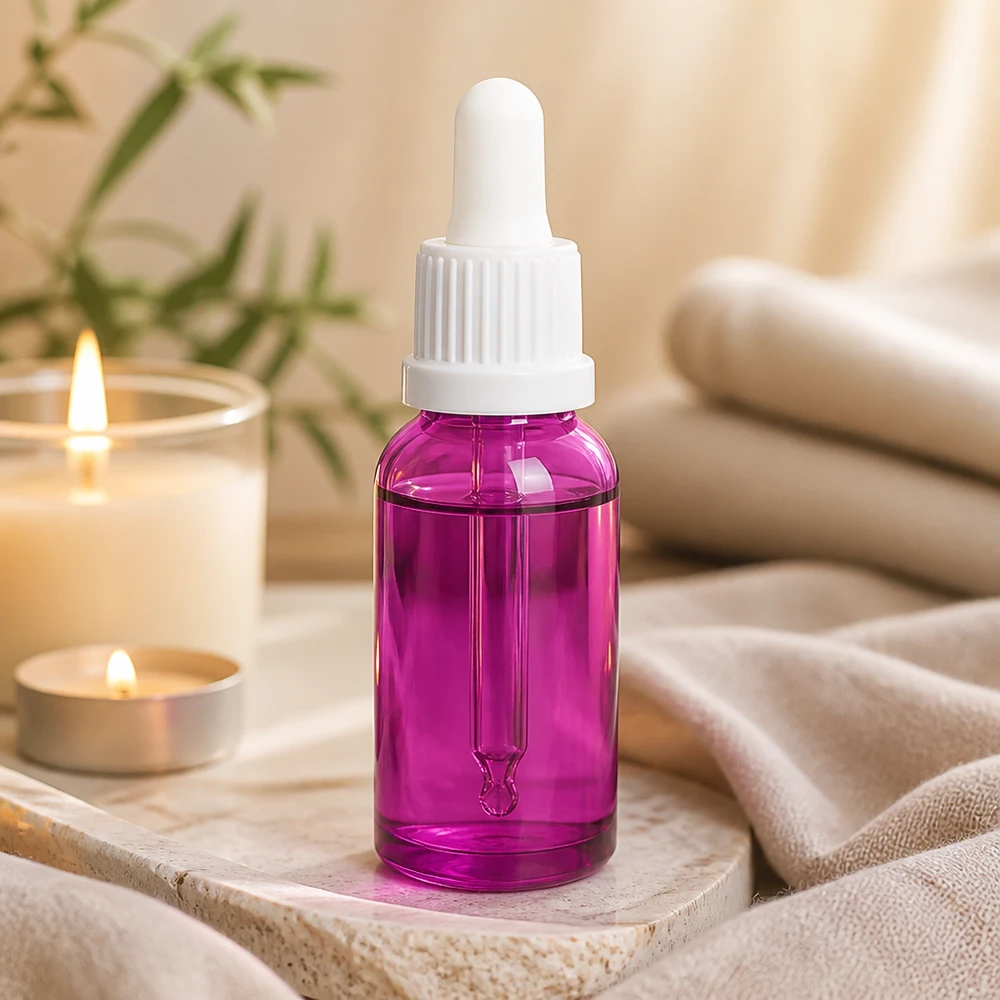 Frasco de pipeta de 20 ml de qualidade superior em vidro de alta qualidade na cor púrpura para soros e óleos