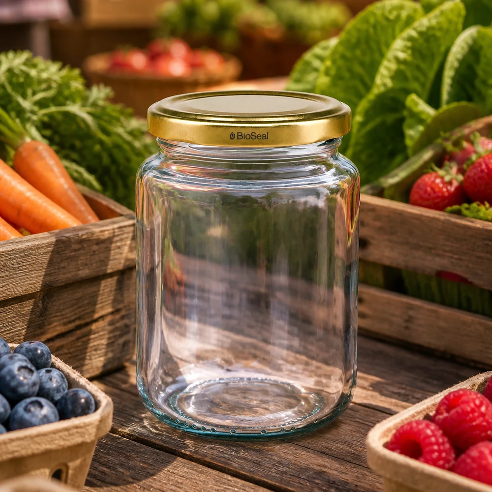 UNiTWIST Runda382 com tampa dourada TO66 BioSeal Frasco de conserva UNiTWIST Runda382 sobre mesa de madeira com frutas e legumes frescos, tampa dourada TO66 BioSeal, cozinha campestre