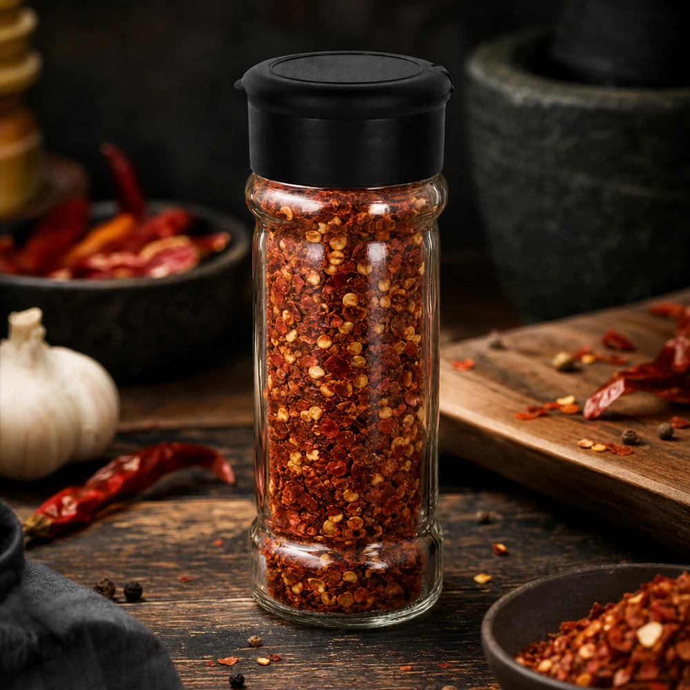 Frasco para especiarias de 100 ml cheio de flocos de malagueta e com tampa espalhadora preta sobre uma base de madeira