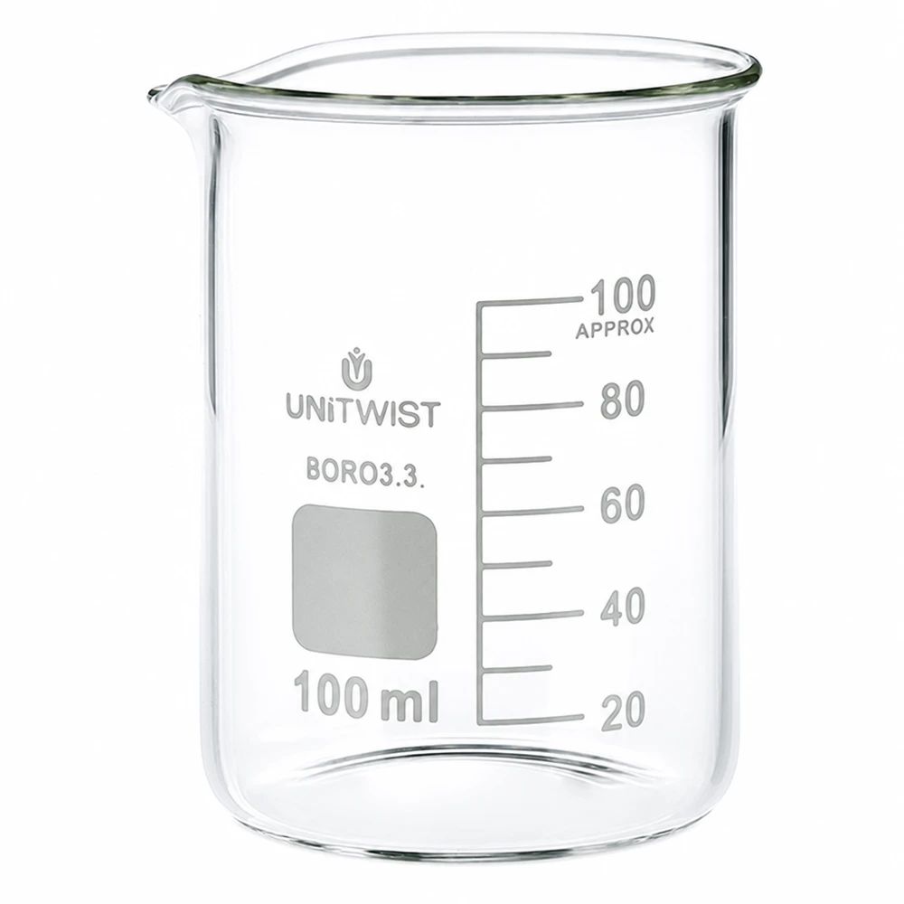 Copo 100 ml de borossilicato, baixo teor de bolor UNiTWIST Copo de vidro de 100 ml em borossilicato, de formato baixo, da UNiTWIST, com escala em mililitros