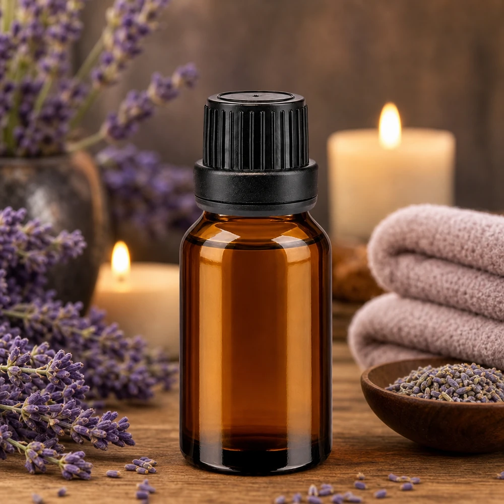 Frasco de farmácia castanho 15ml com tampa de rosca preta inviolável Frasco de farmácia castanho de 15 ml com lavanda e velas, dispostos num ambiente relaxante de spa