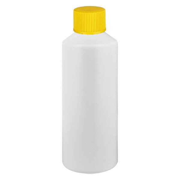 Frasco de farmácia HDPE 100ml branco, com tampa de rosca amarela Frasco de farmácia HDPE 100ml branco, com tampa de rosca amarela