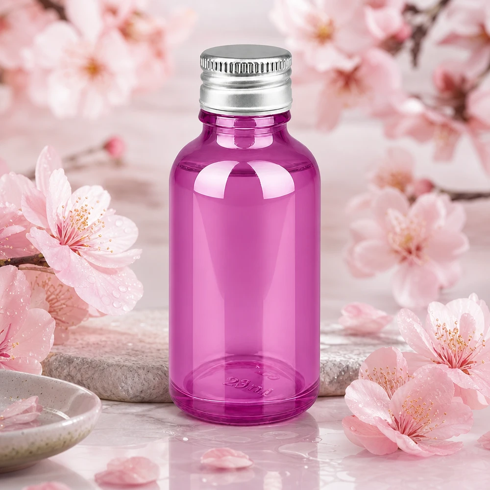 Frasco de vidro violeta elegante de 30 ml com tampa prateada mate para aromaterapia e bem-estar