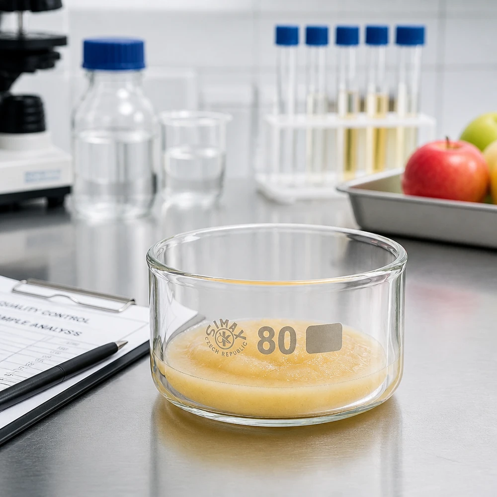 Bandeja de cristalização de 80 mm com uma amostra amarelada no laboratório alimentar, ao lado de maçãs e tubos de ensaio