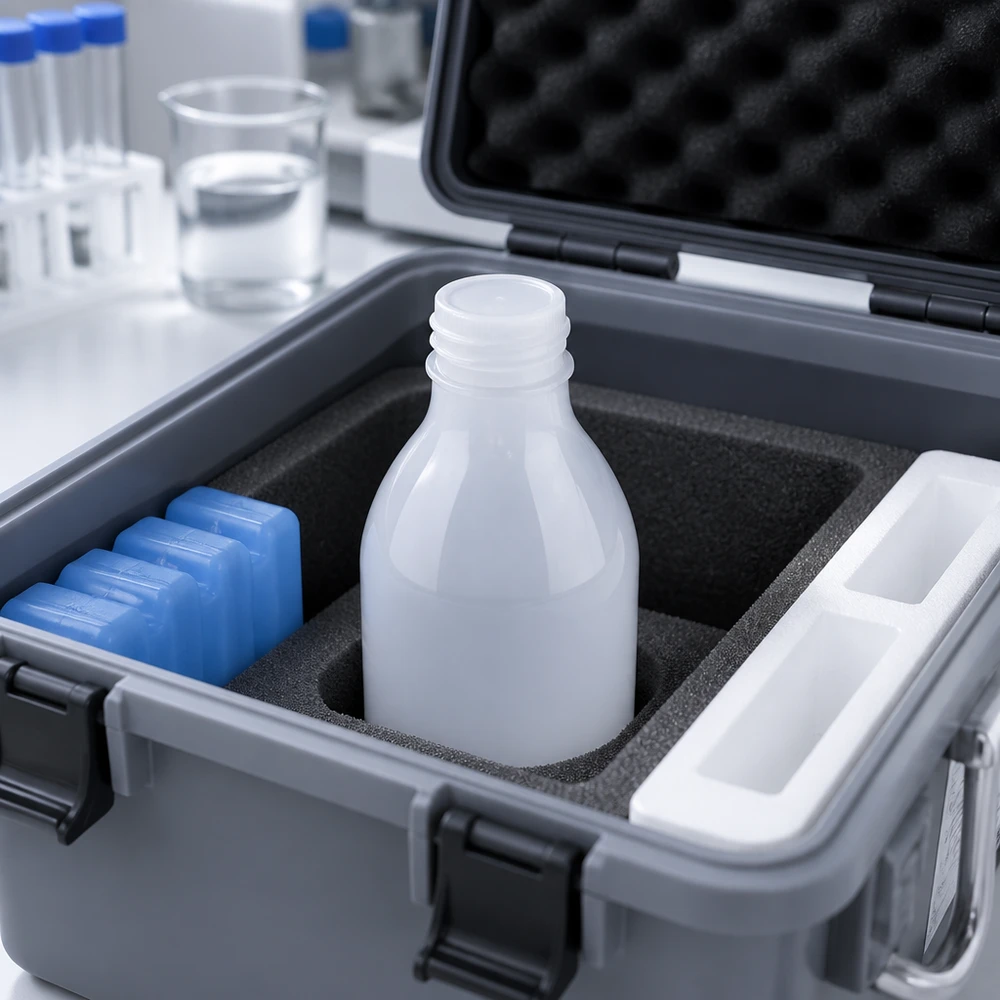 30ml Laborflasche Enghals ohne Verschluss Frasco de laboratório branco de gargalo estreito, com 30 ml, sem tampa, numa mala de transporte acolchoada com bolsas de gelo