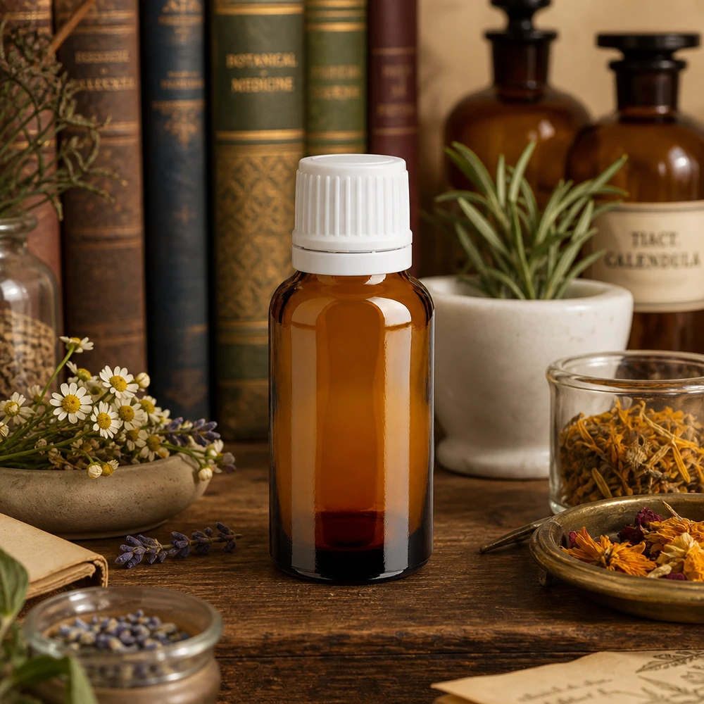 Pequeno frasco de farmácia castanho de 20 ml com tampa conta-gotas branca, em frente a livros e ervas medicinais