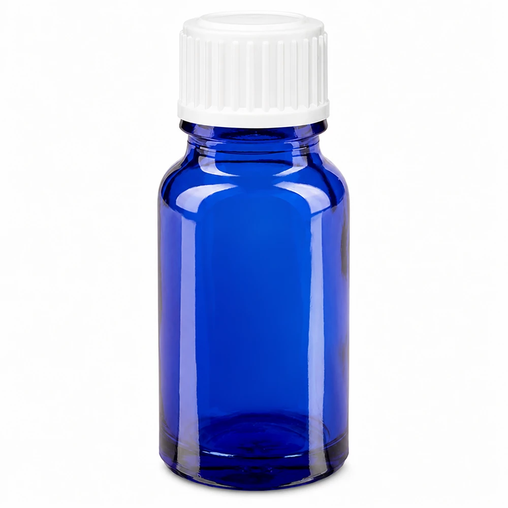 Frasco de vidro azul de farmácia de 10 ml com tampa de rosca branca padrão de 11 mm