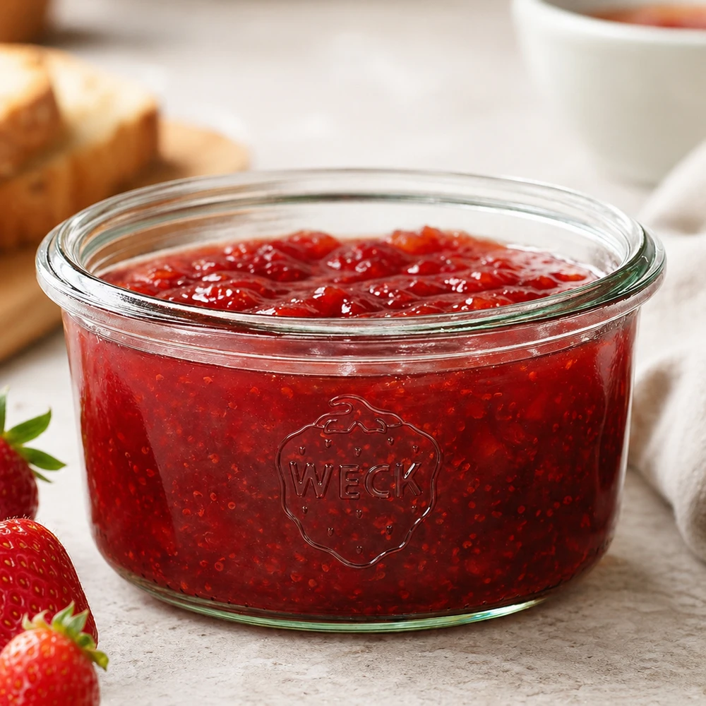 Frasco de vidro WECK RR80 de 165 ml Frasco WECK RR80 de 165 ml cheio de compota de morango vermelho numa mesa de madeira branca ao lado de morangos frescos e pão