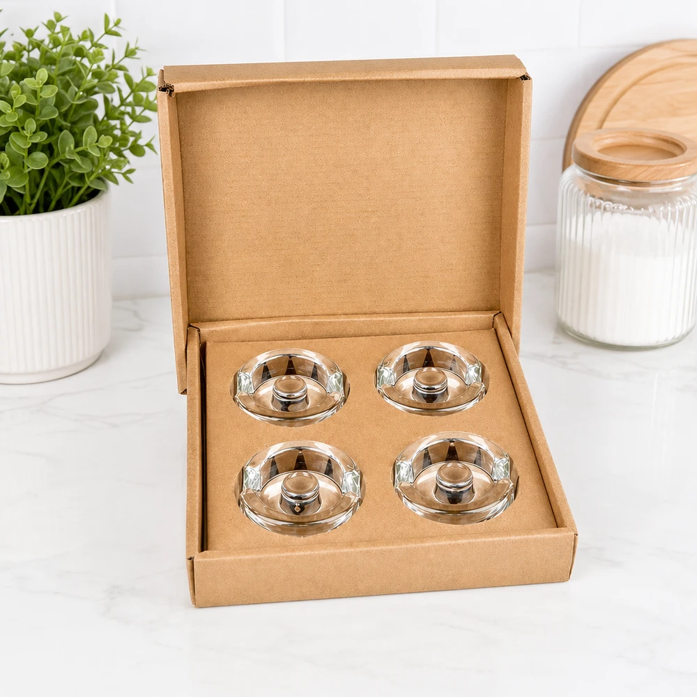 Conjunto de 4 pesos para frascos de fermentação UNiTWIST abertos em caixa castanha ao lado de frasco para plantas e frasco de armazenamento