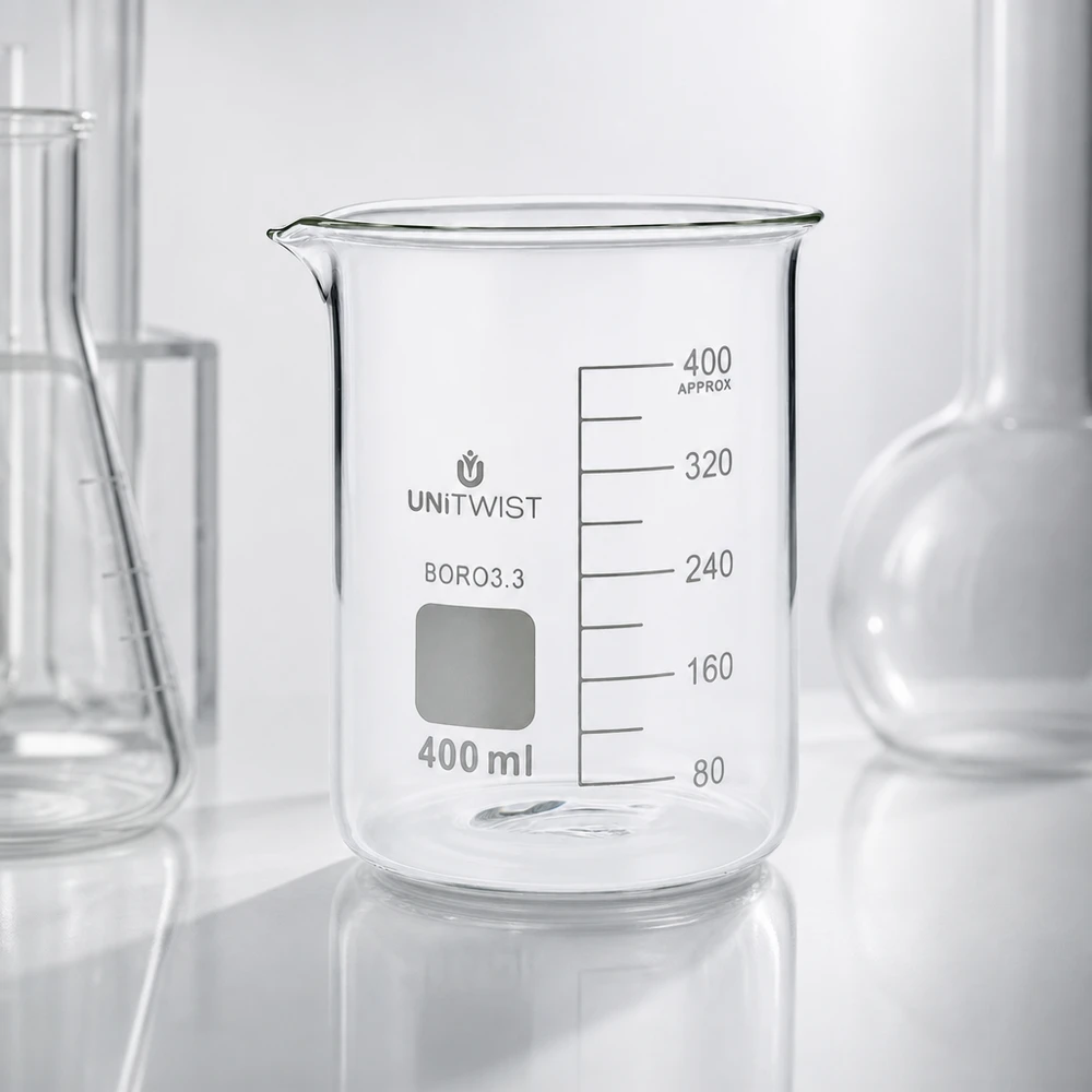 Copo de vidro UNiTWIST vazio de 400 ml, de borossilicato 3.3, de formato baixo, com graduação precisa em ml