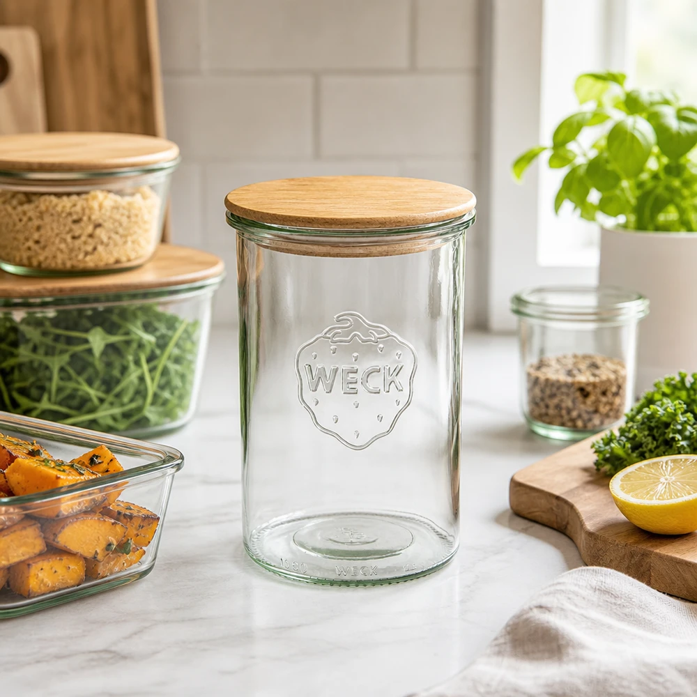 Copos de vidro WECK RR100 de 1000ml com tampa de madeira Copos WECK 1000ml RR100 vazios com tampa de madeira numa cena de cozinha moderna com legumes e outros frascos de arrumação
