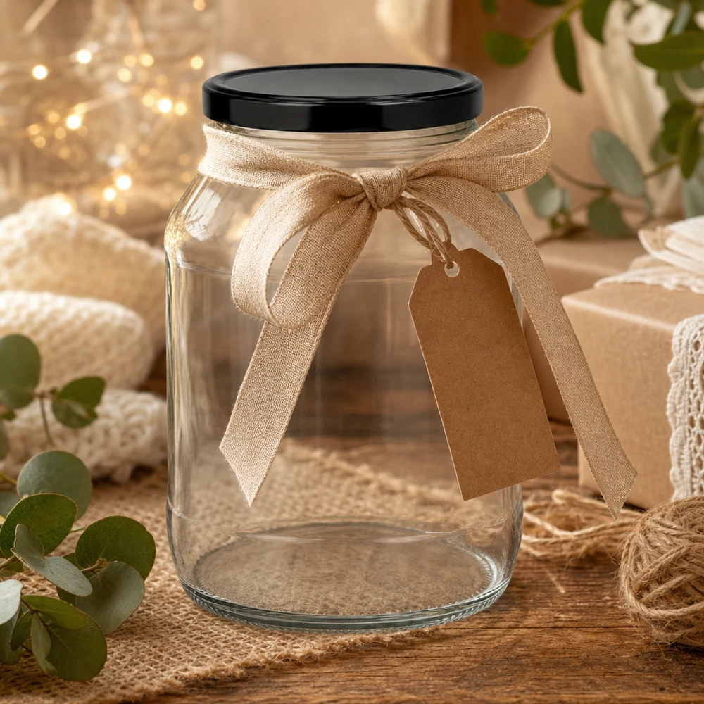 2650ml Rundglas mit BasicSeal Deckel schwarz UNiTWIST Frasco redondo grande de 2650 ml com tampa preta para oferta, decorado com um laço bege e um pendente num ambiente rústico.