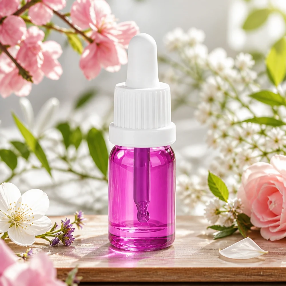 Frasco de pipeta compacto de 5 ml com vidro violeta transparente e tampa branca com conta-gotas