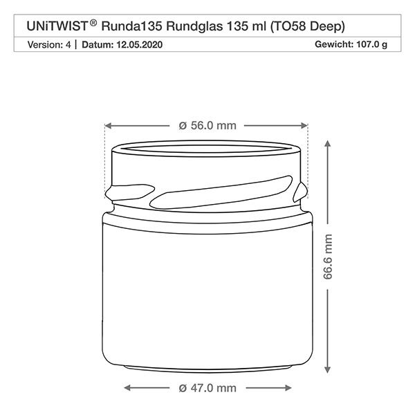 Frasco redondo de 135ml sem tampa (TO58deep) UNiTWIST UNiTWIST Runda135 vidro redondo 135ml TO58 Desenho técnico profundo com as dimensões 56mm de diâmetro 66,6mm de altura