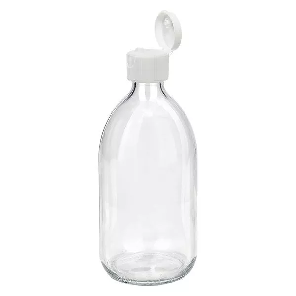 Frasco de medicamento de 500ml transparente, com tampa flip-top ApoGlas Frasco de medicamento de 500ml transparente, com tampa flip-top ApoGlas