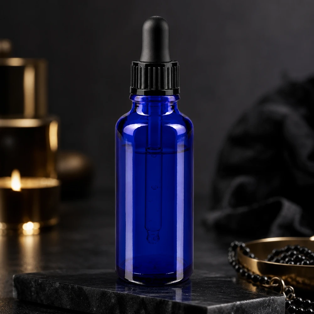 Frasco de farmácia azul 30ml tampa de rosca preta standard Garrafa de vidro azul de 30 ml com conta-gotas preto, elegantemente apresentada sobre uma pedra de ardósia escura