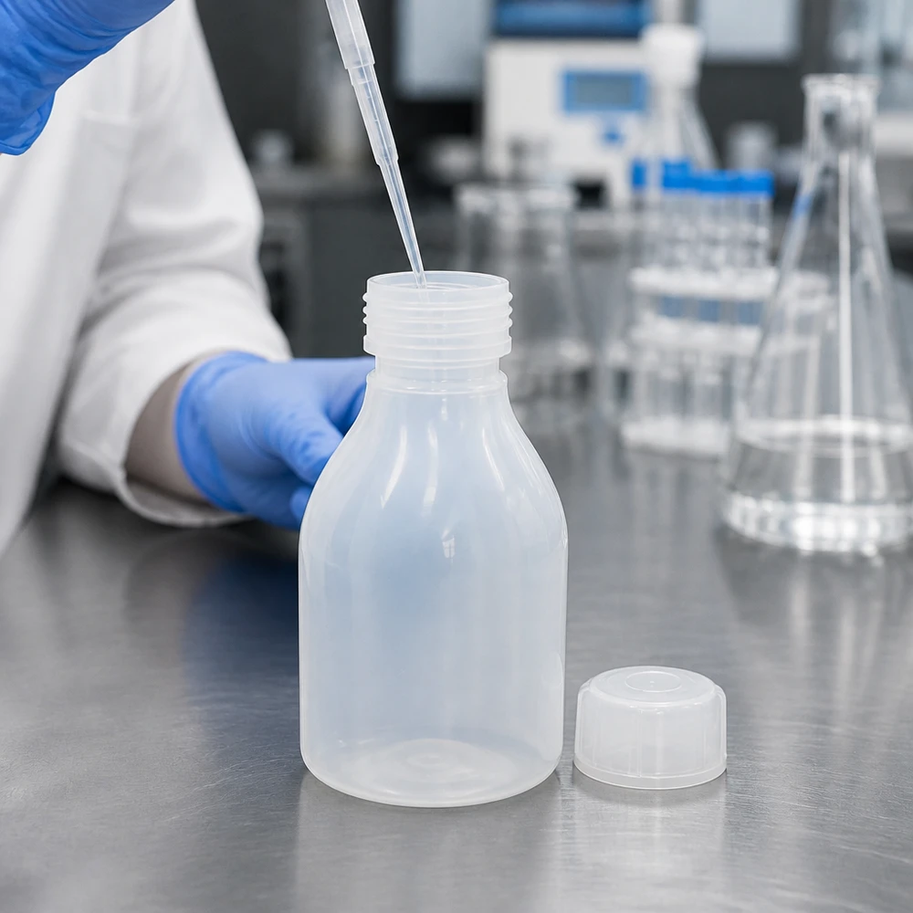 30ml Schraubflasche, Enghals Laborflasche Um técnico de laboratório pipeta um líquido para um frasco de plástico transparente de 30 ml com tampa de rosca, usando uma luva azul
