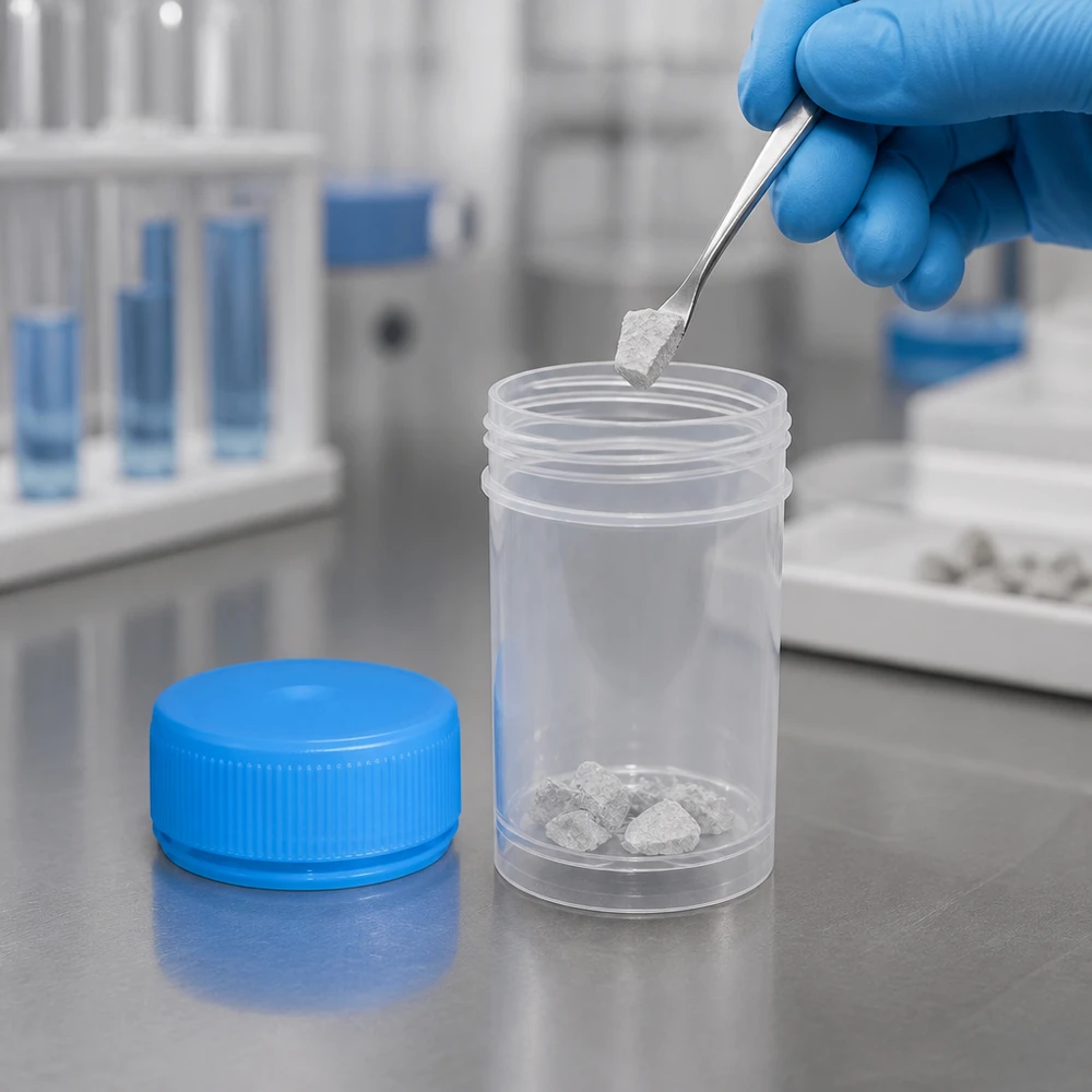 Lata de Pathogefäß aberta, com 20 ml, contendo amostras de rocha e uma pinça, num laboratório médico