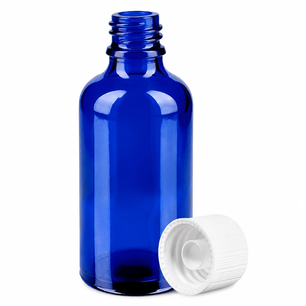 Frasco conta-gotas pequeno de 50 ml azul com tampa branca para óleos essenciais e tinturas