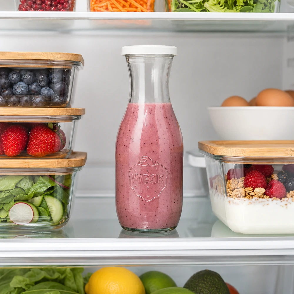 Garrafa de sumo WECK 1062ml com batido de frutos silvestres no frigorífico entre os alimentos frescos e os recipientes de armazenamento