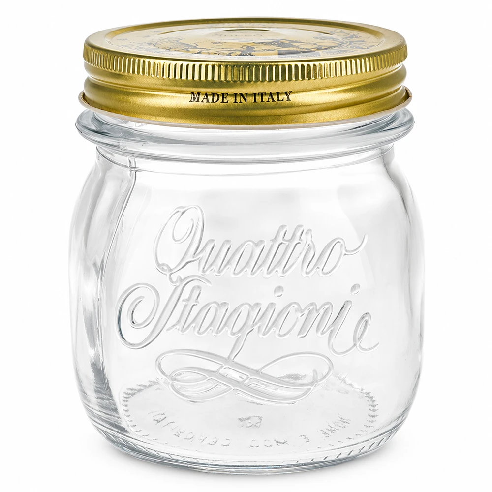 250ml Rundglas "Quattro Stagioni" mit Deckel Frasco redondo de 250 ml Quattro Stagioni com tampa dourada Fabricado em Itália Frasco de conservação e armazenamento