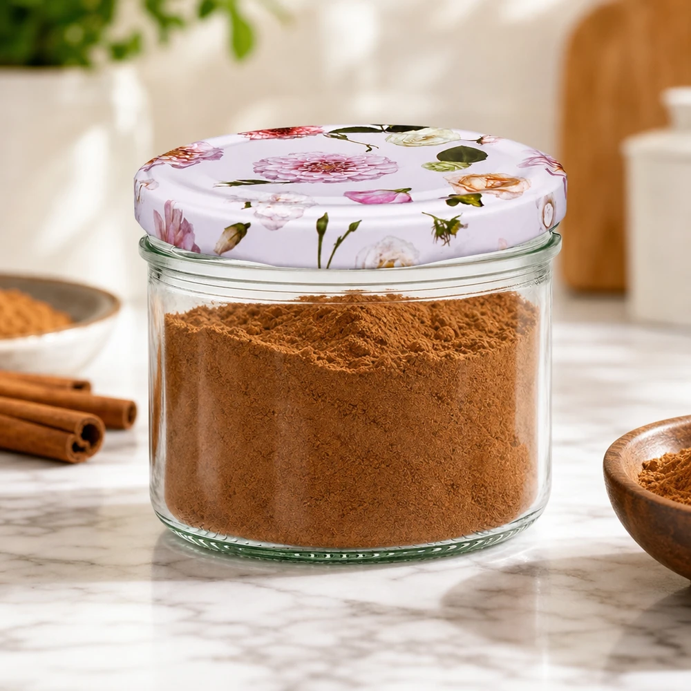 Frasco de arrumação de 230 ml com tampa de flor cor-de-rosa cheio de canela - arrumação de especiarias na cozinha com paus de canela