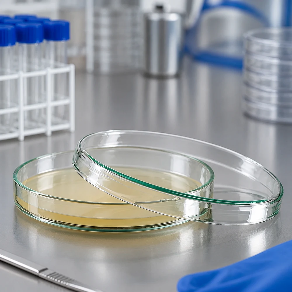 Duas placas de Petri de vidro de 100 x 15 mm com ágar nutritivo amarelo sobre uma mesa de aço inoxidável no laboratório