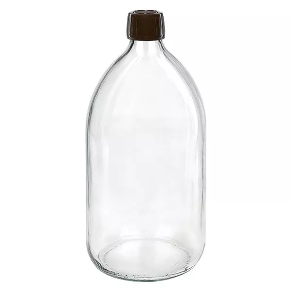 Frasco de medicamento de 1000ml transparente, tampa castanha com anel inviolável ApoGlas Frasco de medicamento de 1000ml transparente, tampa castanha com anel inviolável ApoGlas