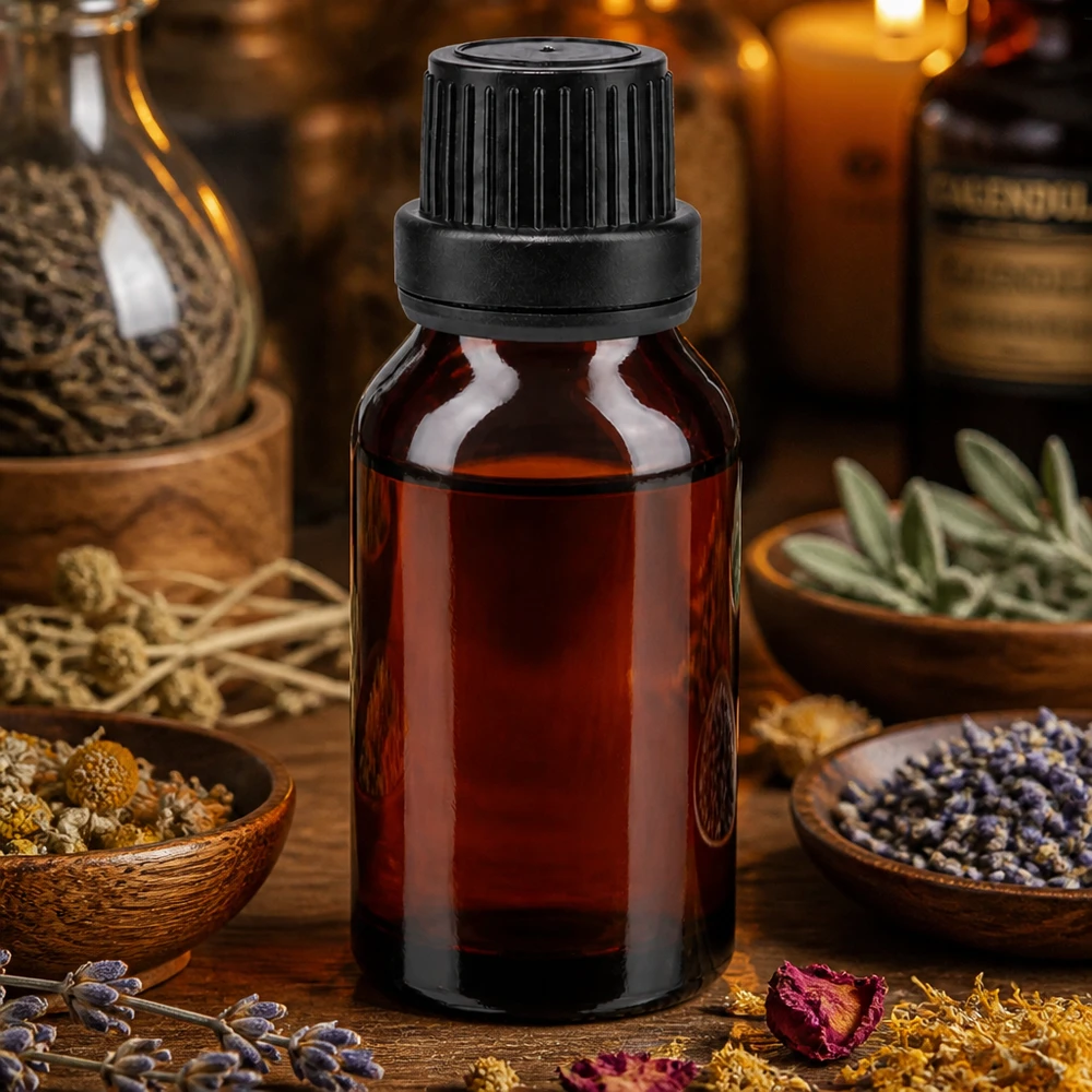 Frasco de vidro escuro de 15 ml com tampa de segurança para crianças, contendo ervas medicinais secas