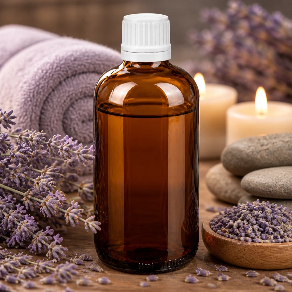 Frasco de vidro de 100 ml na cor âmbar com tampa conta-gotas branca, rodeado por flores de lavanda e velas