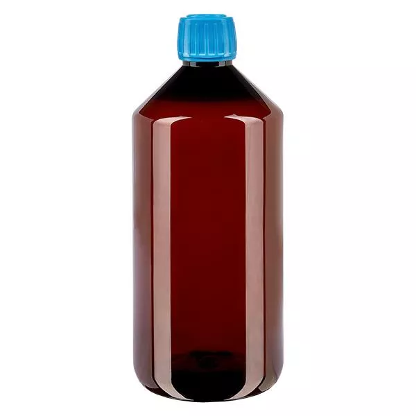 Frasco PET 1000ml com tampa azul inviolável Frasco PET 1000ml com tampa azul inviolável