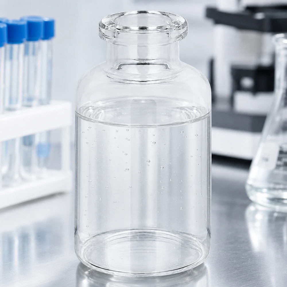 Frasco de injeção de vidro transparente 20ml Glasbehälter 20ml für Injektionspräparate mit Mikroskop und Reagenzgläsern im Hintergrund