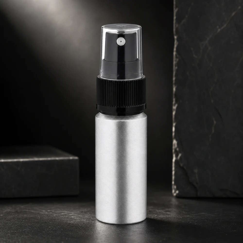 Frasco de spray elegante de 20 ml em alumínio com aspeto manchado e tampa de proteção transparente